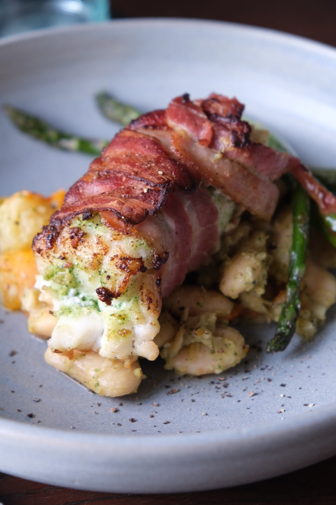 Baked Cod & Crispy Bacon with Pesto & Butter Beans