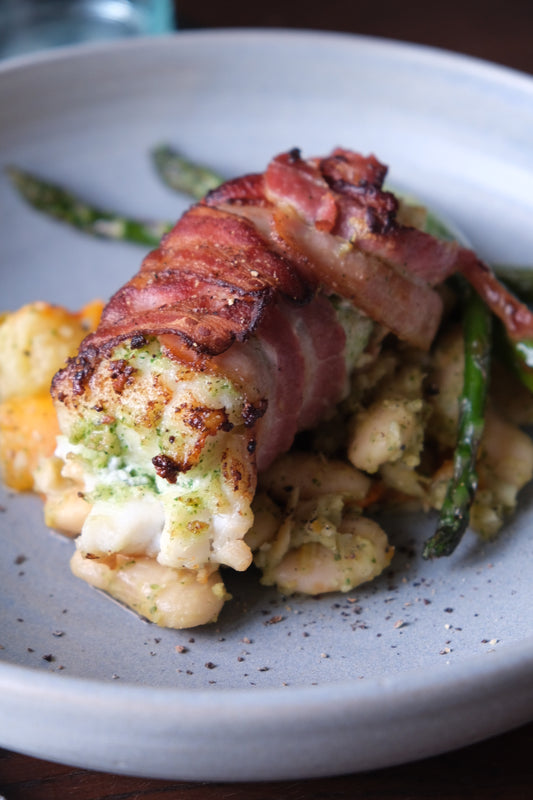 Baked Cod & Crispy Bacon with Pesto & Butter Beans